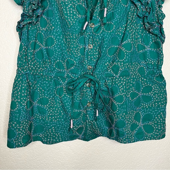 Anthropologie Maeve Ruffled Button Down Green Blouse with Embroidery Size XS - Picture 5 of 16